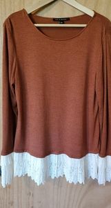 Long sleeve sweater with lace sleeves and trim